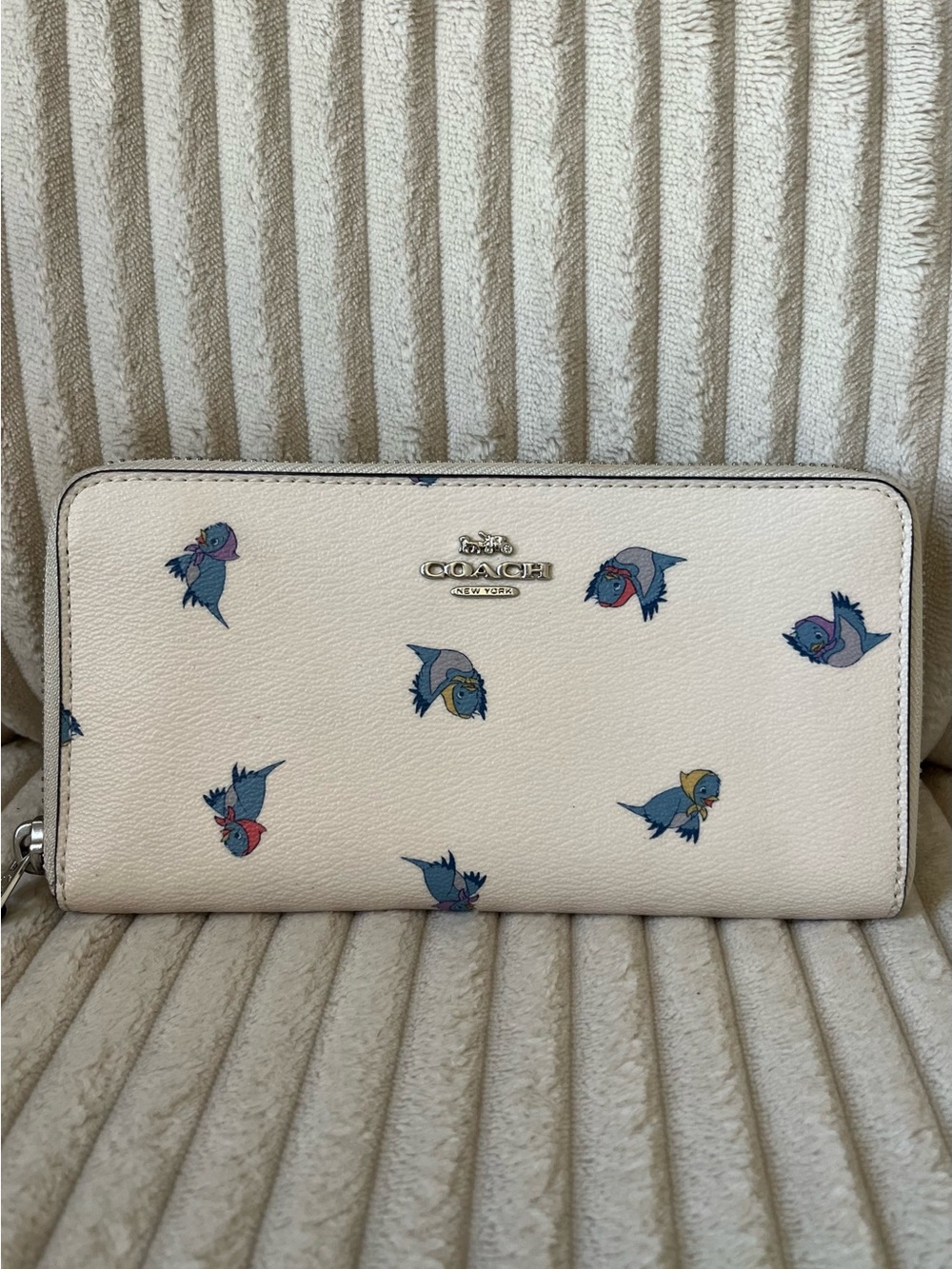 Coach Cream Zip-Around Wallet with Blue Bird Motif